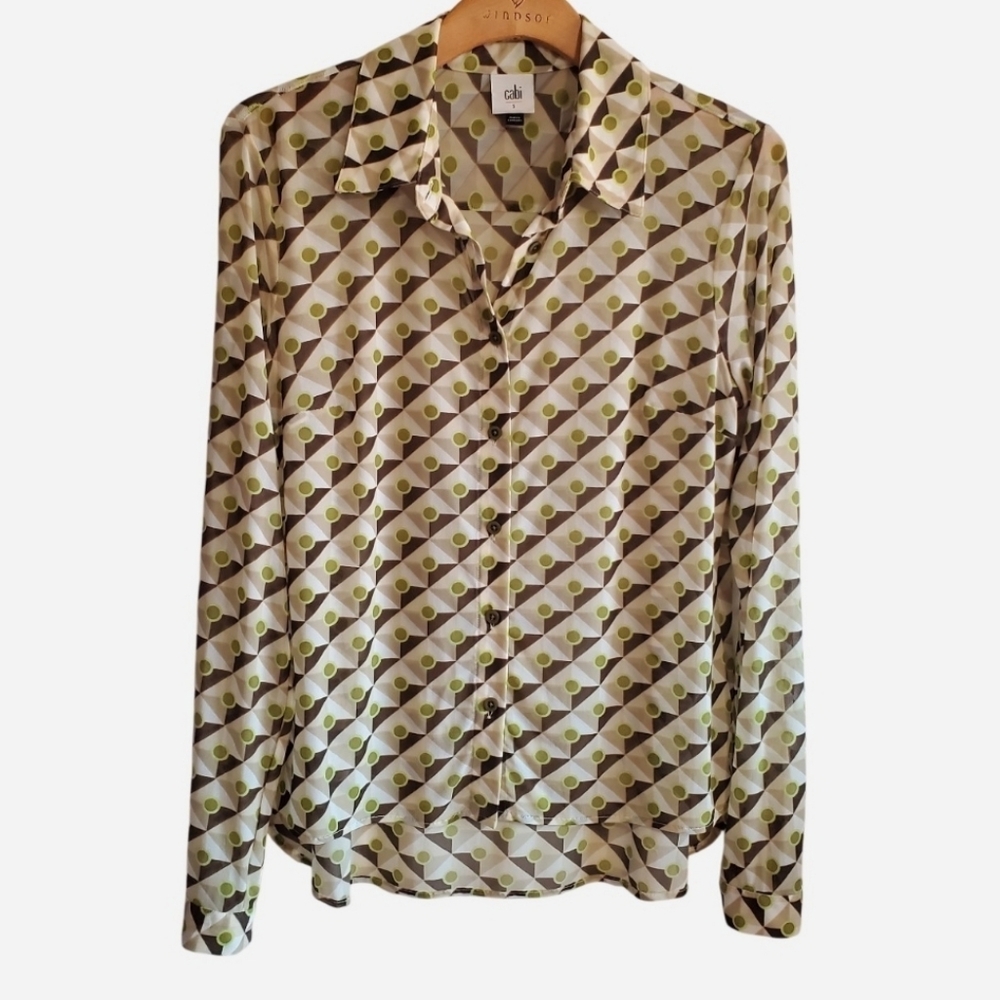 CAbi Mosaic Micro Mesh Button up Top Art Deco Size S Geometric Retro Maximalism